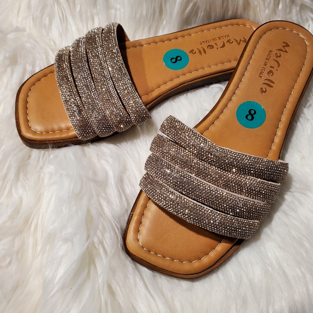 Mariella Sz 8 Womens Sandal Sliders 4-Golden Tone Sparkle Strap Mesh Detail